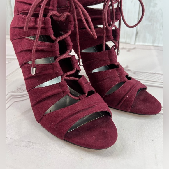 BCBGeneration Laced Up Tie Open Toe Burgundy Faux Suede Stiletto Bootie Boots 8 - Picture 7 of 16
